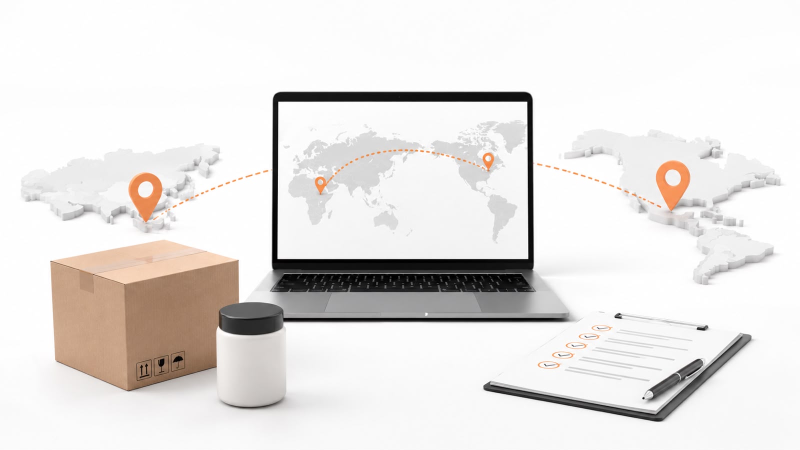 Importación simplificada: laptop con mapa, producto y checklist