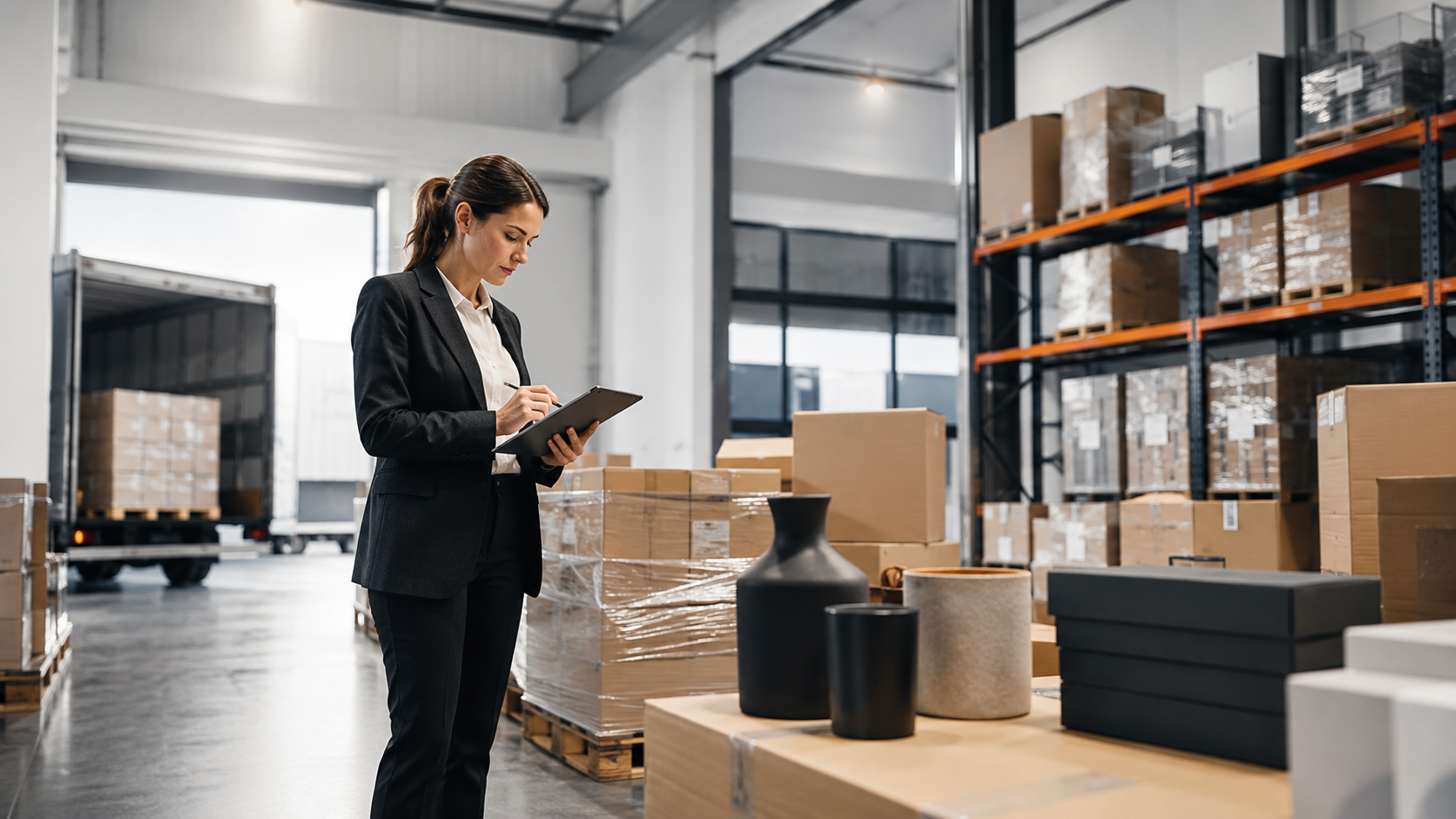 Profesional supervisando mercadería y operación logística en depósito