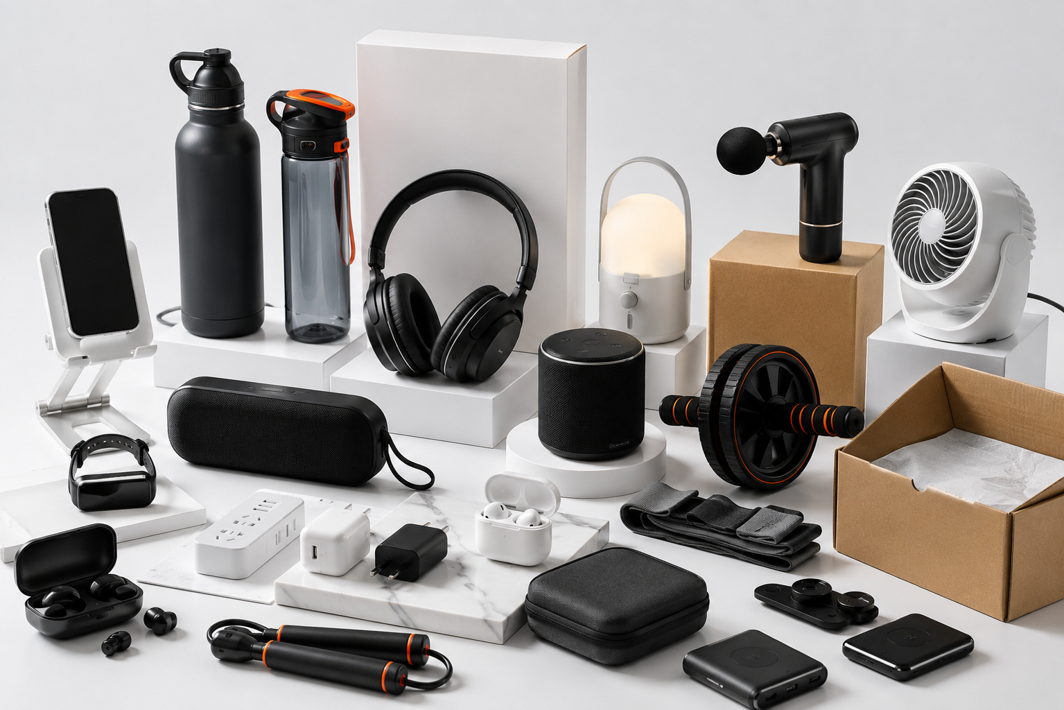 Variedad de productos importables: tecnología, fitness, hogar, accesorios y packaging